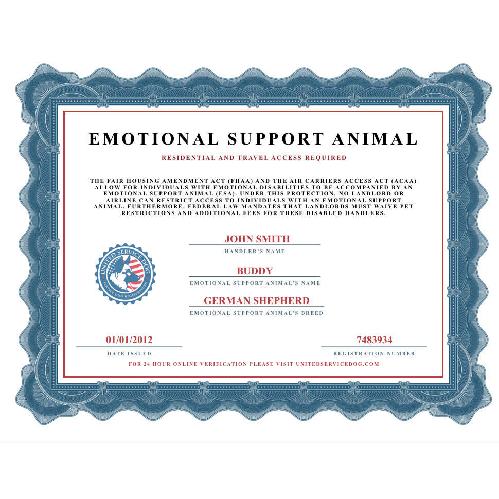 Emotional Support Animal Certificate  United Service Dog Regarding Service Dog Certificate Template